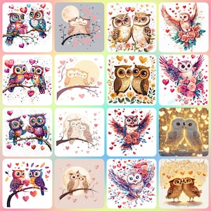 36 cliparts hiboux de la Saint-Valentin JPG, couples de hiboux romantiques, téléchargement numérique, fabrication de cartes, créations numériques en papier