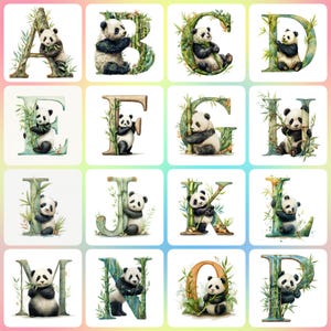 May include: A set of watercolour alphabet letters from A to P, each with a panda bear illustration. The letters are adorned with bamboo and foliage, and the pandas are in different poses. The letters are in various colours, including green, brown, and beige.