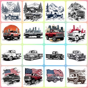 Pode incluir: Uma coleção de 10 ilustrações diferentes que apresentam caminhões pickup em vários cenários. Alguns caminhões estão dirigindo em estradas, enquanto outros estão estacionados em frente a paisagens urbanas ou montanhas. Os caminhões são todos de cores diferentes, incluindo vermelho, azul, preto e branco. Alguns dos caminhões têm bandeiras americanas neles.