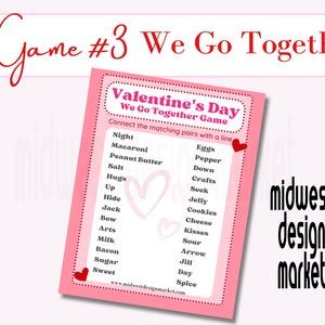 May include: A pink printable Valentine's Day game card with the title "Valentine's Day We Go Together Game". The game instructions are to connect the matching pairs with a line. The card has two columns of words, one titled "Night" and the other titled "Eggs".