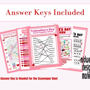 May include: A set of printable Valentine's Day games for children. The games include a word search, a connect the dots, a I Spy, and a bingo game. The games are pink and red with hearts and other Valentine's Day themed graphics. Answer keys are included.