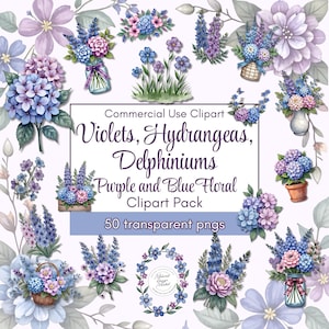 Imágenes prediseñadas de violetas, hortensias y delfinios, imágenes prediseñadas florales moradas, imágenes PNG transparentes de flores azules, imágenes prediseñadas de invitación rústica en acuarela