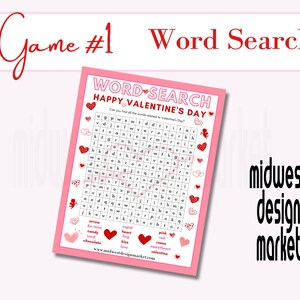 May include: A pink and red printable Valentine's Day word search game with the title "WORD SEARCH HAPPY VALENTINE'S DAY". The game features a grid of letters with words related to Valentine's Day to find. The words are listed below the grid.