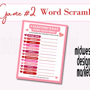 May include: A printable Valentine's Day word scramble game with a pink background and red hearts. The game includes a list of Valentine's Day words that need to be unscrambled. The words are: "detyd rbea", "ydane", "codar", "htera", "Nerow", "piduc", "cheesarwit", "iscevinina", "ocothecal", "ridisen", "sesro", "ovle", "waror".