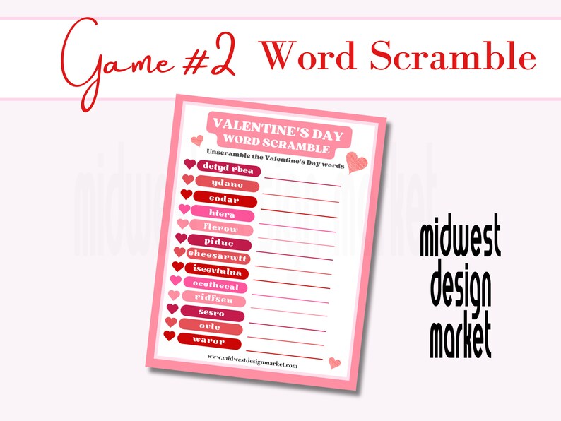 May include: A printable Valentine's Day word scramble game with a pink background and red hearts. The game includes a list of Valentine's Day words that need to be unscrambled. The words are: "detyd rbea", "ydane", "codar", "htera", "Nerow", "piduc", "cheesarwit", "iscevinina", "ocothecal", "ridisen", "sesro", "ovle", "waror".