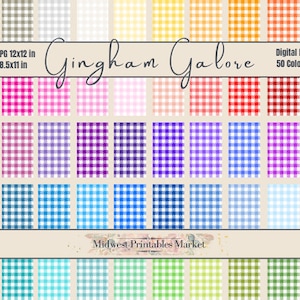 Gingham Plaid Digital Paper Bundle, 50 Color Pack, Instant Download, Printable Scrapbook Paper, Social Media Graphics