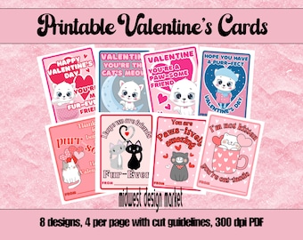 Valentine Cards Printables for Kids, Kitty Cat Valentines, Classroom Valentines, Instant Download Valentine Cards, Digital Valentines Cards