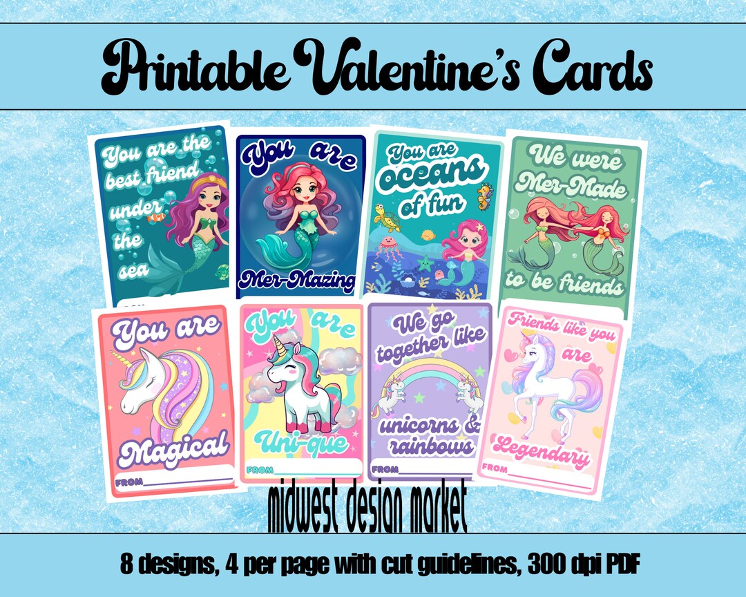 Printable Valentine Cards, Mermaid and Unicorn, Valentines Classroom ...