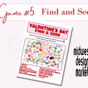 May include: A Valentine's Day themed find and seek game with a colourful illustration of hearts, rainbows, dinosaurs, and other objects. The game includes a list of 12 items to find in the picture.
