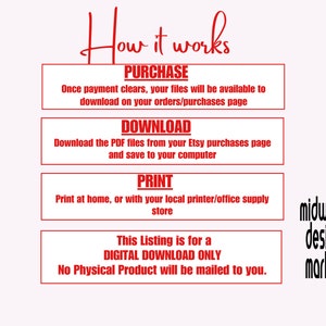 May include: Red text on a white background explains how to purchase, download, and print digital files. The text says "How it works", "Purchase", "Download", "Print", "This Listing is for a DIGITAL DOWNLOAD ONLY", and "No Physical Product will be mailed to you."