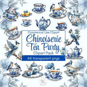 Chinoiserie Tea Party clipart, Blue and White Tea Party, Grandmillenial Design, transparante png-bestanden, clipart voor uitnodigingen, Tea Cup clipart