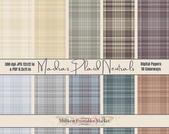 Madras Plaid Neutrals Digital Paper Bundle, 10 Colors, Light Academia, Instant Download, Printable Scrapbook Paper, Social Media Graphic