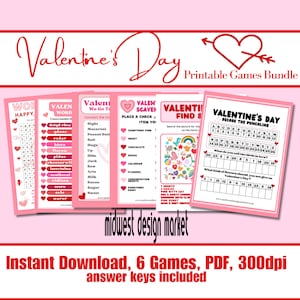May include: A printable Valentine's Day game bundle featuring six different games. The games include a word search, a word scramble, a connect the dots, a scavenger hunt, a find the picture, and a decode the punchline. The games are all pink and red with hearts and other Valentine's Day imagery.