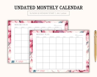 Watercolor Floral Calendar | Printable Landscape Horizontal |Sunday & Monday Start | A4/Letter