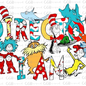 Könnte beinhalten: Eine bunte Illustration von Figuren aus dem Buch "Der Kater mit Hut" bildet die Worte "Director I Am". Die Figuren sind der Kater mit Hut, Ding 1 und Ding 2, der Lorax und der Grinch.