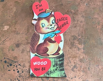 Lindo animal antropomórfico kitsch "Eager Beaver" Vintage Valentine Card c 1950s /1960s Nuevo stock antiguo sin usar