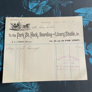 Antique Charlestown MA History - Park Street Hack, Boarding, Livery Stable Receipt for June 1900 to Easton, Massachusetts Ephemera