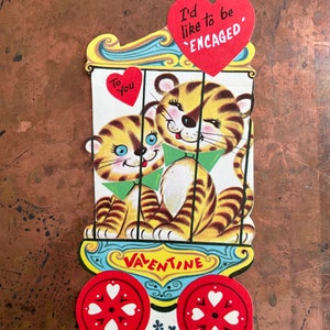 Bonita tarjeta de felicitación kitsch "Me gustaría estar enjaulado" de los Tigres del circo, de época, para San Valentín, de los años 1950/1960, nueva, sin usar, de stock antiguo, en lustre brite, de Fuld