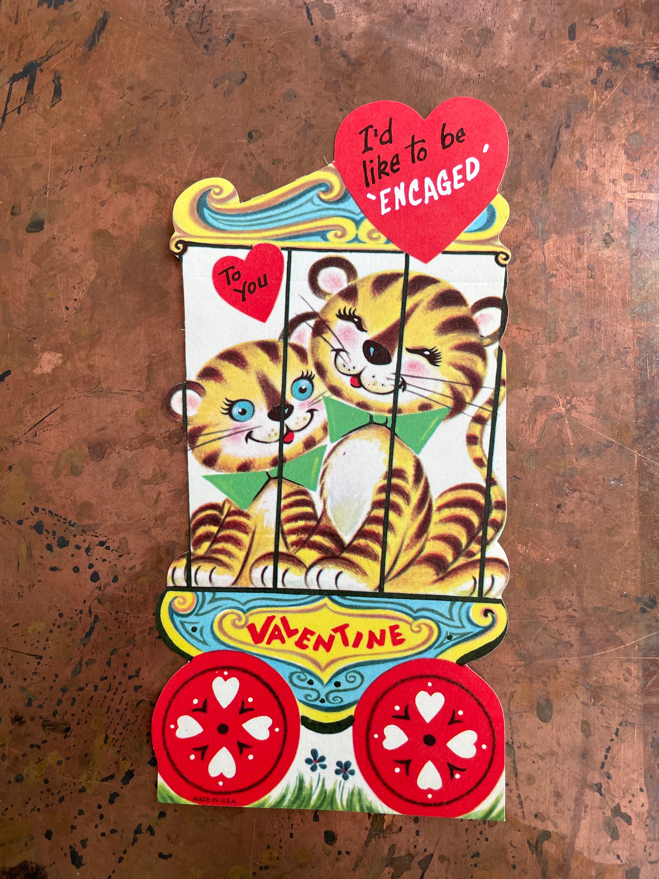 Bonita tarjeta de felicitación kitsch "Me gustaría estar enjaulado" de los Tigres del circo, de época, para San Valentín, de los años 1950/1960, nueva, sin usar, de stock antiguo, en lustre brite, de Fuld
