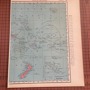 アンティーク オセアニア地図、ポリネシア、ニュージーランド地図、アンティーク カラー地図 ランド マクナリー 1899 年頃 世界地図帳 オリジナル 1890 年代 ワックス彫刻、