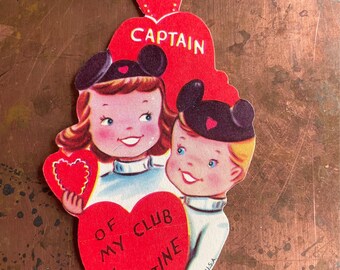 Tarjeta de felicitación de San Valentín kitsch vintage con orejas de ratón para niños &quot;Capitán de mi club&quot;, década de 1950, sin usar, nueva y antigua