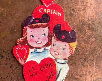 Orejas de ratón para niños "Capitán de mi club" Kitsch Vintage Valentine Tarjeta de felicitación c 1950s Sin usar Nuevo stock antiguo