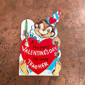Cute Monkey Painting A Happy Valentines Day to my Teacher Vintage Valentine Greeting Card c 1950s /1960s Unused New Old Stock