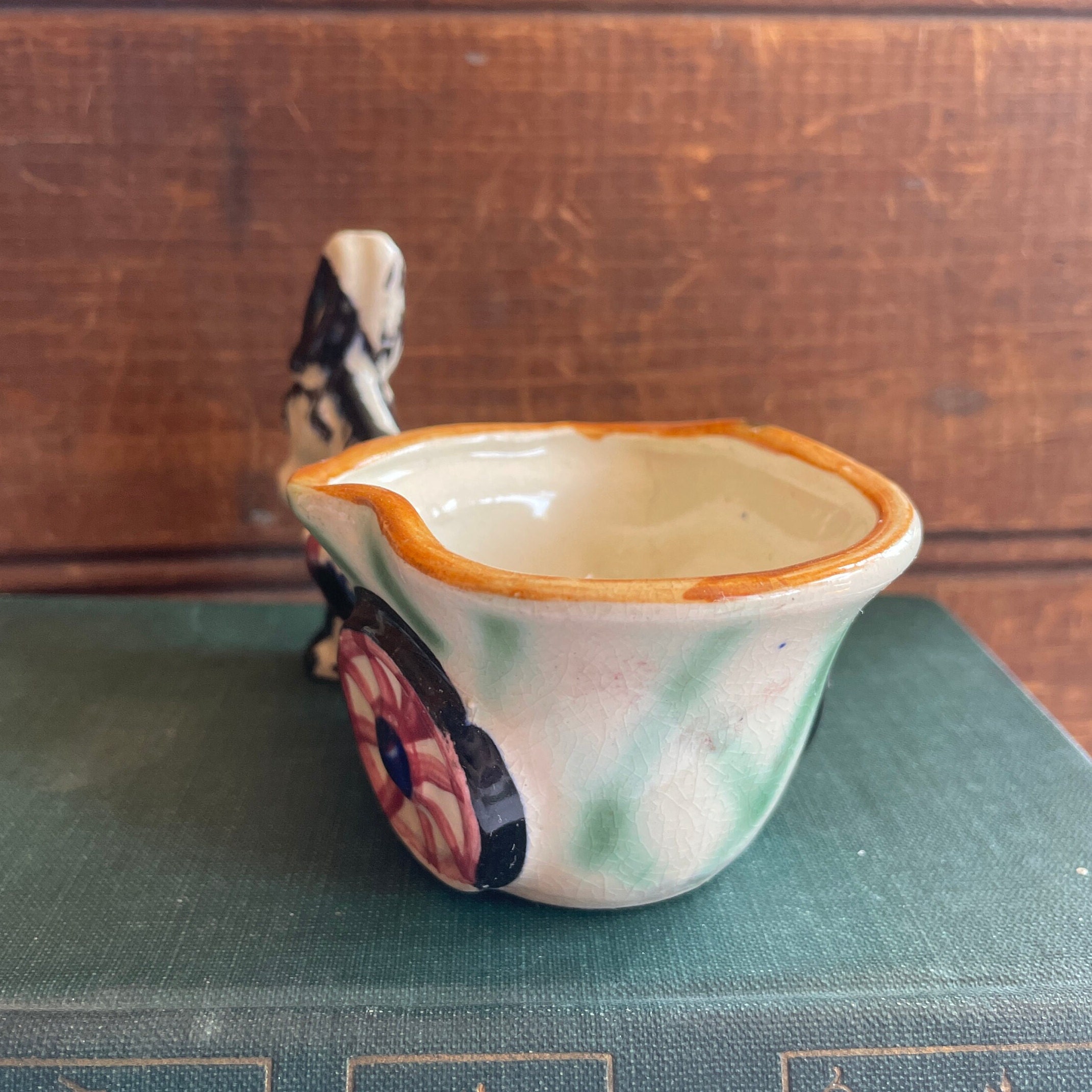 Colorful Ceramic Donkey Pulling Cart Figurine Planter Vintage Mid