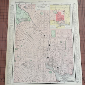 Antike Karte von Baltimore, Maryland, antike Farbkarte Rand McNally c 1899 Weltatlas 1890er Jahre Wachsgravur US City 11 x 14 Karte