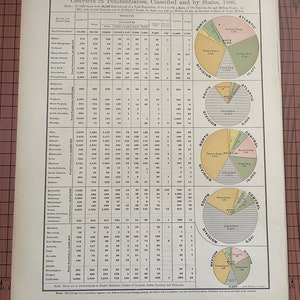 Convicts in Penitentiaries, Classified and By States, 1890, Antique Color Chart by Rand McNally from c 1899 World Atlas, Original Print