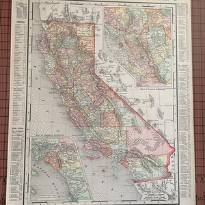 Ancienne carte de Californie, ancienne carte couleur Rand McNally c 1899 Atlas du monde des années 1890 gravure à la cire État américain 11 x 14 carte vintage