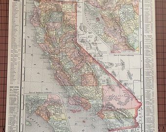 Antique California Map, Antique Color Map Rand McNally c 1899 World Atlas 1890s Wax Engraving US State 11 x 14 Vintage Map