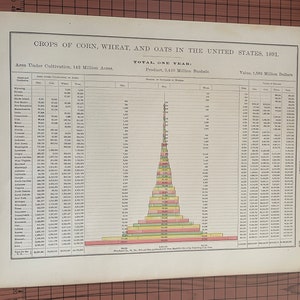 アメリカ合衆国のトウモロコシ、小麦、オート麦の収穫、1891年、ランド・マクナリーによるアンティークカラーチャート、1899年頃の世界地図帳オリジナルワックスエッチングプリント