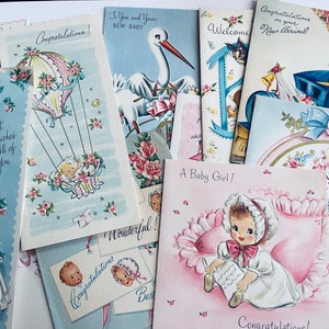 Lot of 13 Vintage Greeting Cards to say Congrats on the New Baby - Flocked Card, Embossed Card, Kitschy Cute Cards 1940s 1950s era Greetings