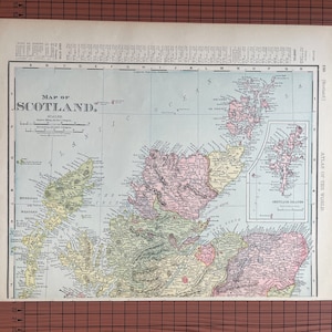 Carte ancienne de l'Ecosse, îles Shetland, carte couleur ancienne Rand McNally, c 1899, gravure à la cire originale de l'Atlas mondial