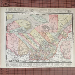 アンティーク ケベック マップ、アンティーク カラー マップ ランド マクナリー 1899 年頃 世界地図帳 1890 年代 ワックス エングレービング イギリス 北アメリカ カナダ ヴィンテージ マップ