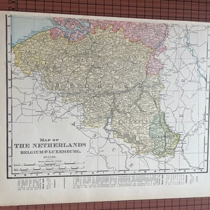 Antike Landkarte von Niederlande, Belgien und Luxemburg, antike Karte in Farbe Rand McNally c 1899 Weltatlas Original Wachsgravur