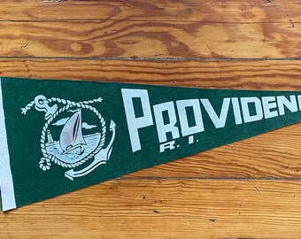 Vintage Providence Pennant Green Felt with White Letters blue tassels, Sailboat Anchor Motif circa 1960s Rhode Island Decor