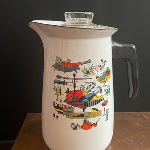 Mid Century Georges Briard Coffee Percolator White Enamel  with Turkey / Harvest MCM Pattern in bold colors Enamelware Kitchen Decor