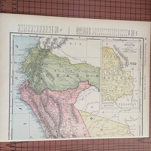 アンティーク南米地図、エクアドル、ペルー、ボリビアの印刷物、アンティークカラー地図ランドマクナリー 1899 年頃 世界地図帳 1890 年代 ワックス彫刻