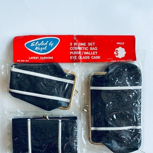Nuevo conjunto de 3 piezas de estilo antiguo de Regal de los años 50: monedero, estuche para gafas y neceser de piel sintética negra con cierre de beso dorado