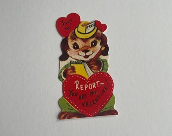 Anthropomorphic Dog Reporter Doggo in Press Hat Kitsch Vintage Valentinsgruß Karte c 1950er Jahre Unbenutzt New Old Stock Fuld and Co Luster Brite