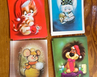 Tarjetas navideñas antiguas de Jolly Mailman: juego de 16 nuevas en caja, stock antiguo de tarjetas de felicitación navideñas de alrededor de 1960