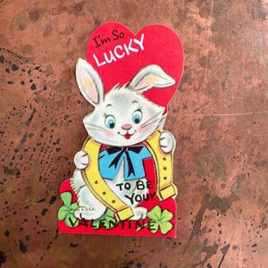 Kitsch Anthropomorphic Lucky Bunny Rabbit Vintage Valentine Greeting Card c 1950s /1960s Unused New Old Stock
