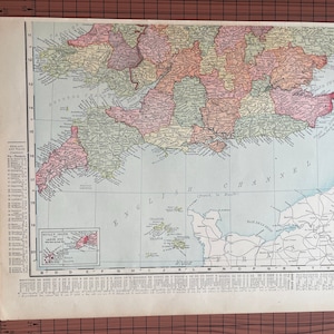 アンティークのイングランドとウェールズの地図、アンティークのカラー地図、ランドマクナリー、1899年頃、世界地図帳、オリジナルワックス彫刻プリント