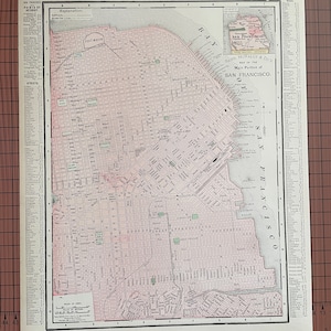 アンティーク サンフランシスコ マップ、アンティーク カラー マップ ランド マクナリー 1899 年頃 世界地図帳 1890 年代 ワックス彫刻 カリフォルニア 米国都市 11 x 14 ヴィンテージ マップ