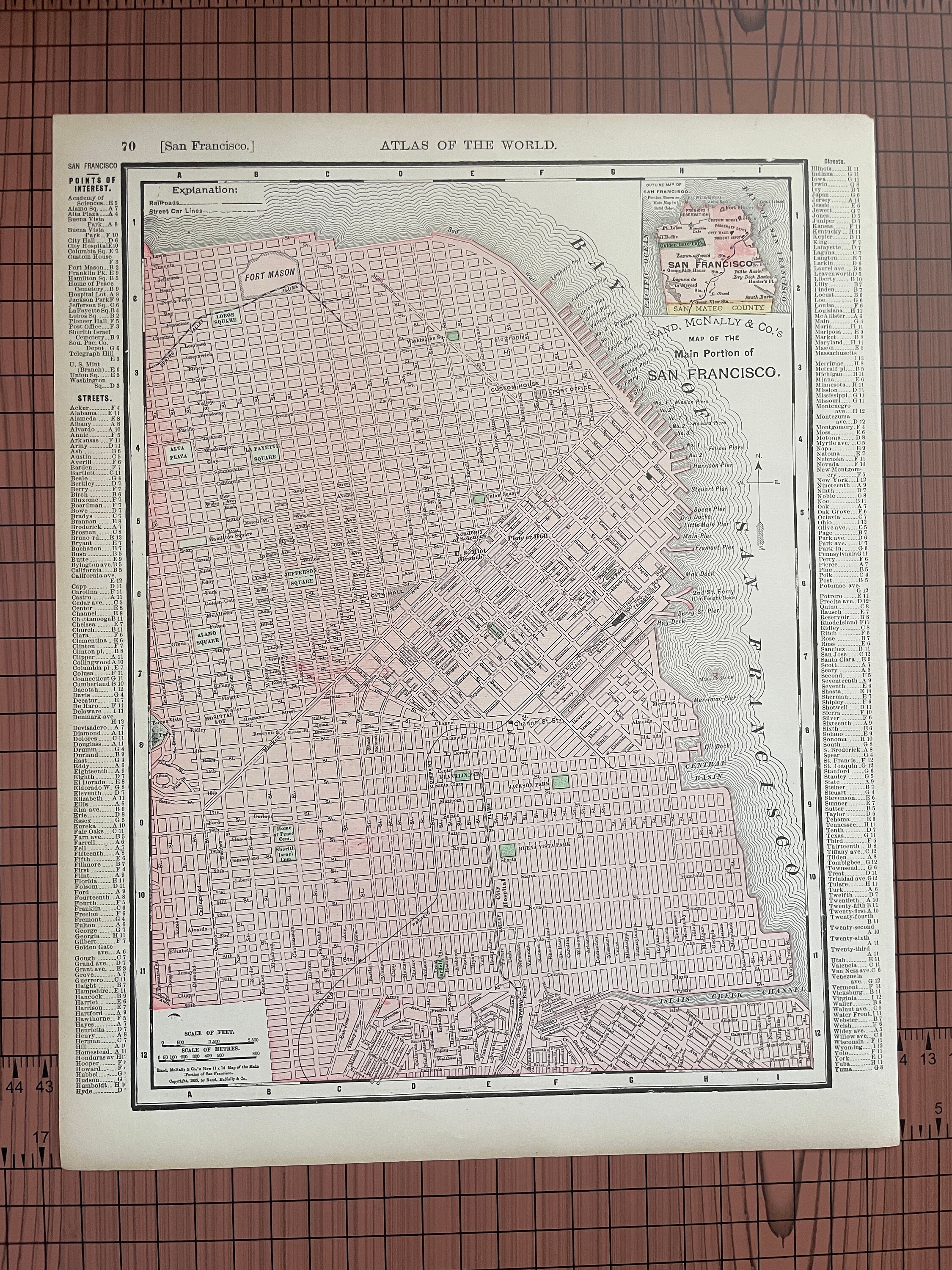 Antique San Francisco Map, Antique Color Map Rand McNally c 1899 World Atlas 1890s Wax Engraving California US City 11 x 14 Vintage Map