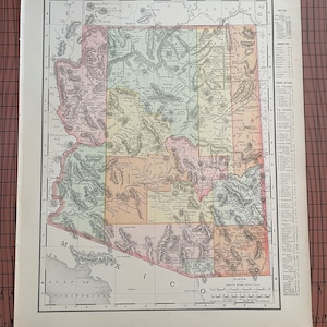 Antike Arizona Karte, antike Farbkarte Rand McNally c 1899 Weltatlas 1890er Jahre Wachsgravur Western US State 11 x 14 Vintage Karte