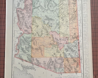 Antique Arizona Map, Antique Color Map Rand McNally c 1899 World Atlas 1890s Wax Engraving Western US State 11 x 14 Vintage Map