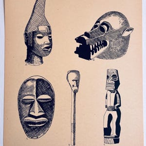 Antikt tryck Forntida afrikansk figurkonst Benim Congo Ise Marquises